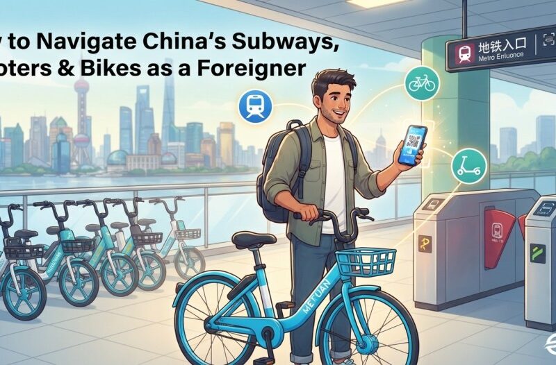 Illustration of a foreign traveler using a smartphone QR code at a Chinese subway turnstile next to shared rental bikes, with a city skyline background and the headline "How to Navigate China's Subways, Scooters & Bikes as a Foreigner."