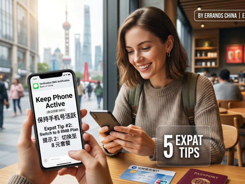An expat holding a smartphone showing an active Chinese phone number network signal in front of a Bank of China branch