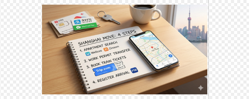 A checklist notebook titled Shanghai Move: 4 Steps sits on a wooden desk next to a smartphone showing a city map, apartment keys, a coffee cup, and Chinese SIM and payment cards with the Shanghai skyline visible in the background.