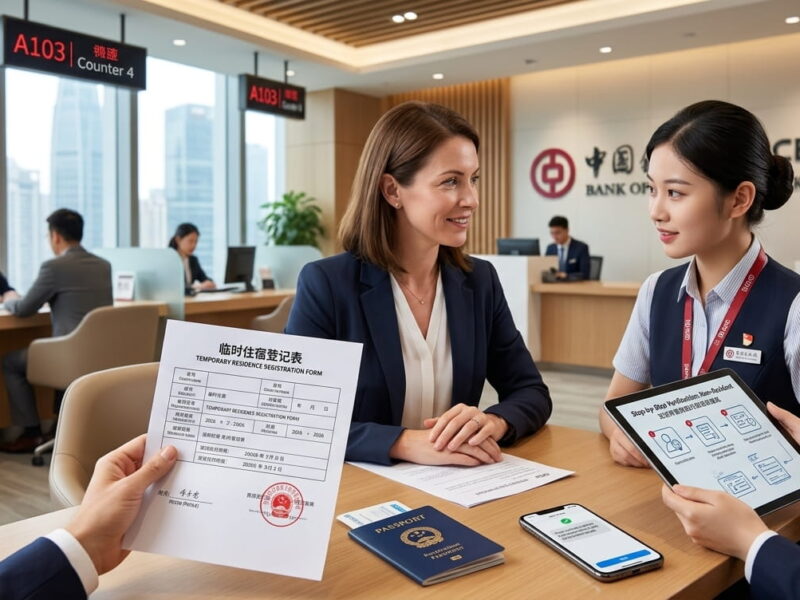 A professional foreigner opening an account at a mainland China bank branch counter while holding their passport and a temporary registration form