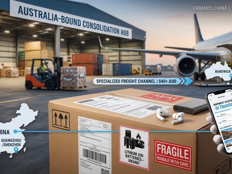 A shipping parcel with a lithium-ion battery warning label inside a freight hub next to a cargo plane flying to Australia