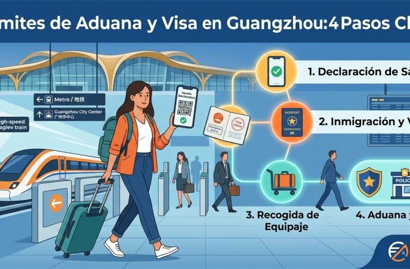 • Infografía ilustrada en estilo vectorial plano que muestra a una viajera internacional saliendo de la moderna terminal del Aeropuerto Baiyun de Guangzhou. Incluye un diagrama con los 4 pasos clave del proceso: 1. Declaración de Salud, 2. Inmigración y Visa, 3. Recogida de Equipaje, y 4. Aduana y Registro PSB de 24 horas, con iconos de trenes de alta velocidad, pasaportes y el logotipo de Errands China.