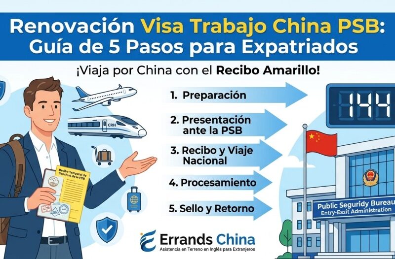 Ilustración digital plana de un viajero extranjero que sostiene un pasaporte y un recibo temporal amarillo dentro de una moderna oficina de la PSB en China. El fondo muestra iconos de trenes de alta velocidad, un avión en vuelo y señales de tránsito limpias, con colores corporativos azul, naranja y verde azulado.
