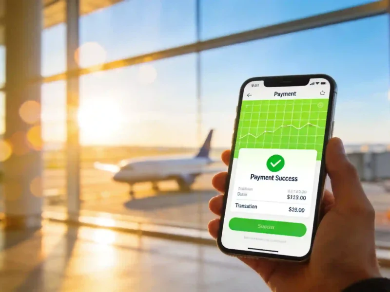 Smartphone displaying digital wallet payment screens against a blurred international airport travel background.