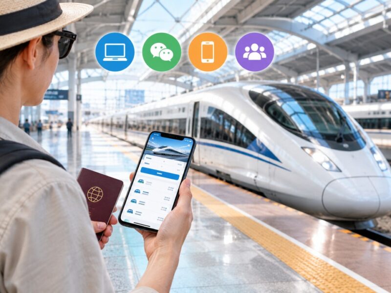China train tickets for foreigners with passport and smartphone at a high-speed railway station
