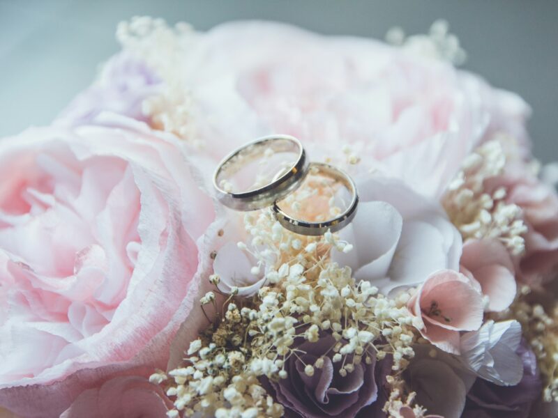 Alianzas de boda sobre flores, imagen de un permiso de residencia por matrimonio en China y los pagos que sí permite